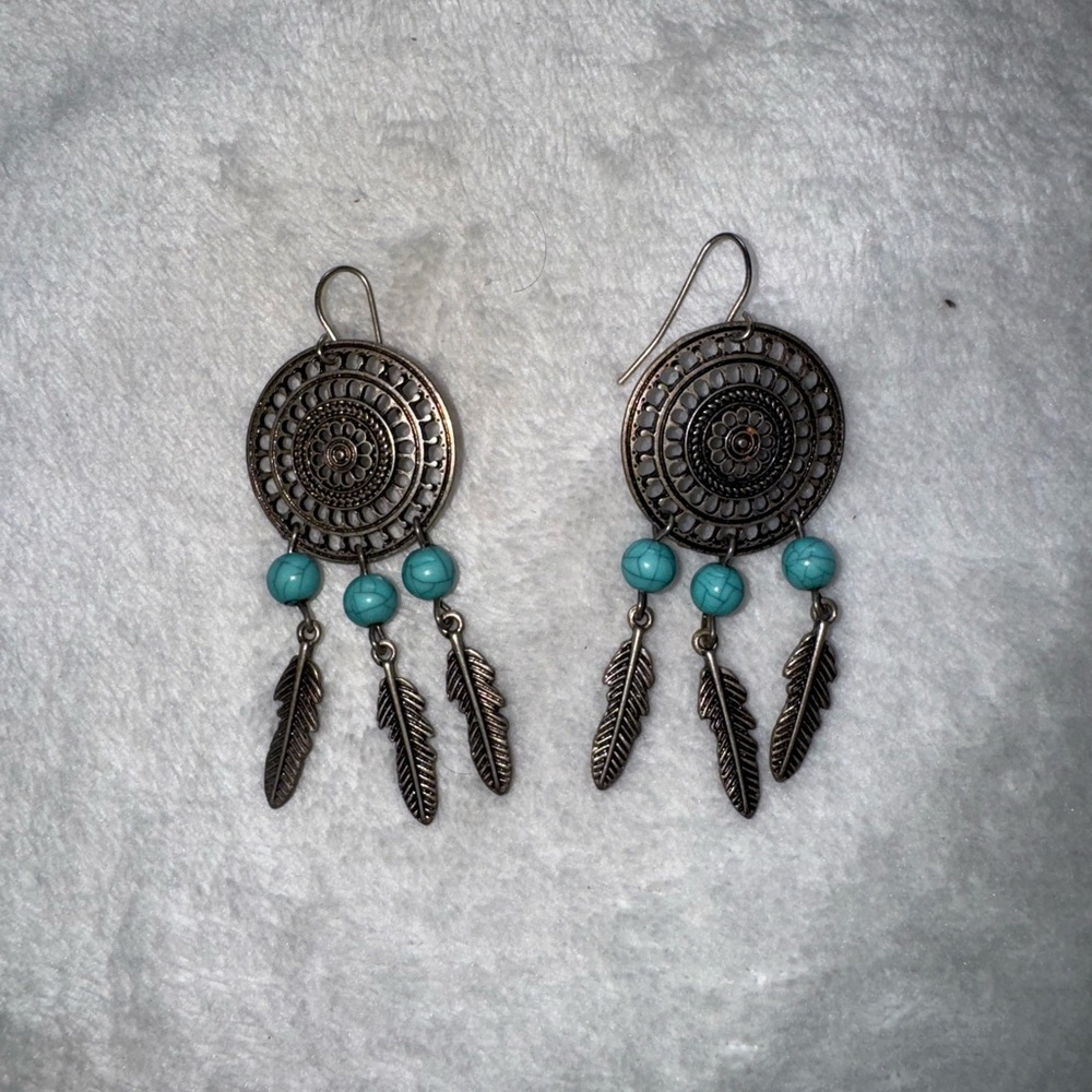 Silver and Blue Dreamcatcher Earrings with Feather Charms